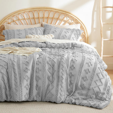 Bedsure Tufted Boho Comforter Set Queen - Grey Boho Bedding Comforter Set, 3 Pieces Farmhouse Shabby Chic Embroidery Bed Set, Soft Jacquard Comforter for All Seasons Bedsure