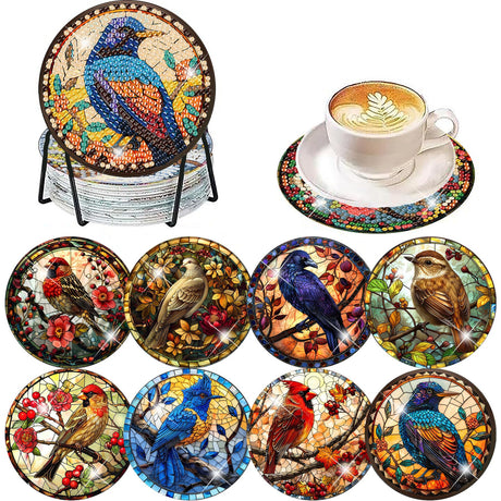 Birds Diamond Art Coasters Kit for Adults, 8 Pcs Diamond Painting Coasters Kit with Holder, DIY Non Slip Art Supplies 4x4in Axquilon