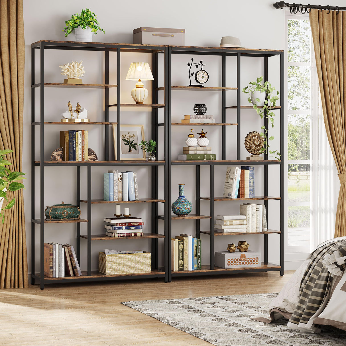 Tribesigns 79-Inch Tall Staggered Bookshelf, Industrial Bookcase with 8 Open Shelves, Wood and Metal Etagere Display Shelf for Living Room, Home and Office Tribesigns