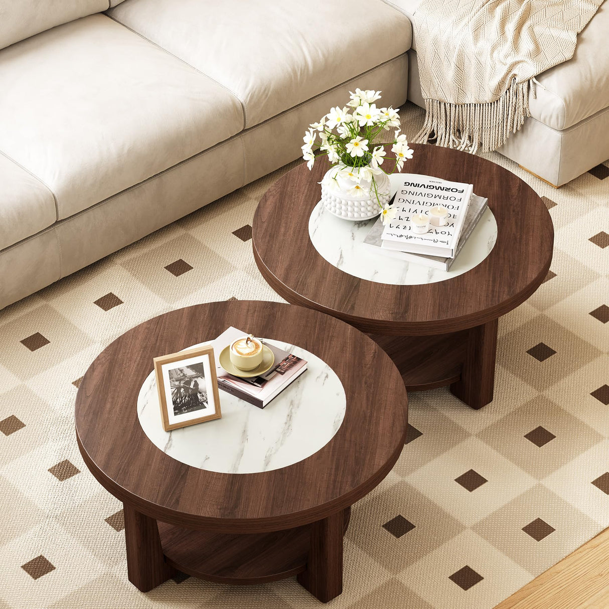 LITTLE TREE Modern Round Coffee Table, 2-Tier Wood Coffee Table with Storage, Marble-Like Tabletop for Living Room, Simple & Modern Center Table for Small Space, Brown LITTLE TREE