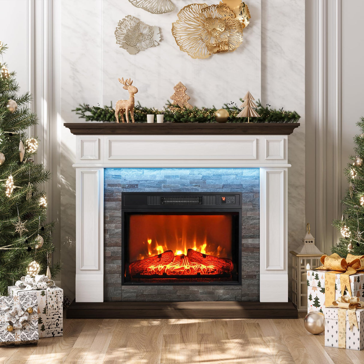 44" Electric Fireplace Mantel, LED Farmhouse TV Stand with Electric Fireplace Heater, Stacked Stone Surround and Remote Control 3D Realistic Flame, White Fireplace for Living Room Bedroom Naice