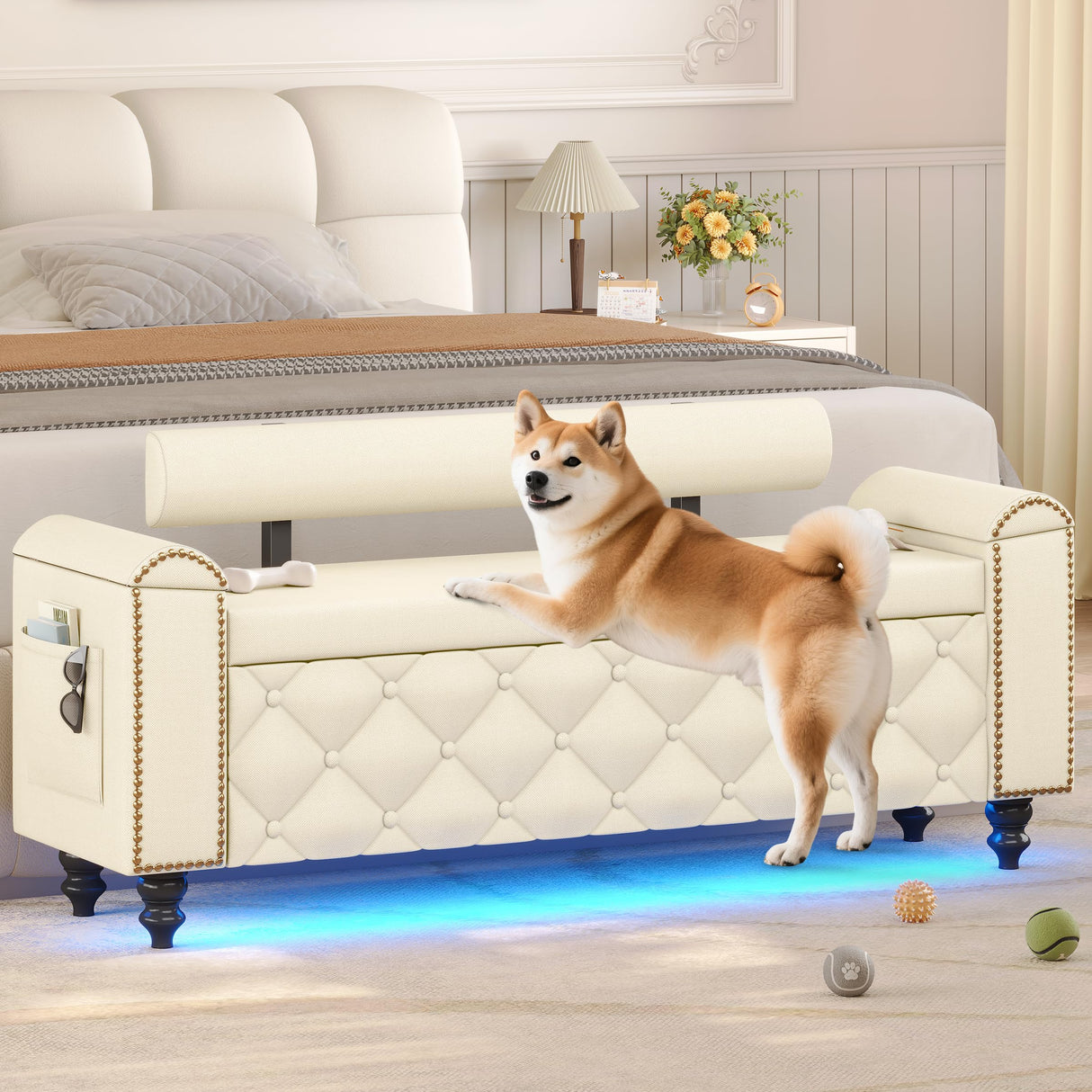 BYSAUD 51" Storage Bench, End of Bed Bench with LED Lights & Curved Arm, Upholstered Ottoman Bench with Storage, Bedroom Bench with Tufted Button & Nailhead Trim for Living Room Entryway, Beige BYSAUD