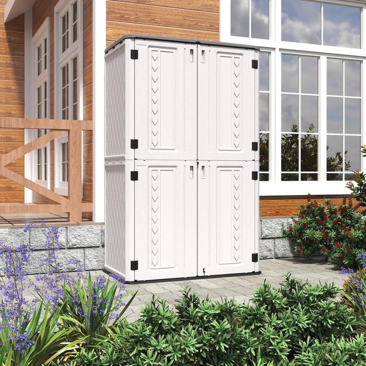 HOMSPARK Storage Shed Weather Resistance, Multi-Purpose Outdoor Storage Cabinet Waterproof, Outdoor Storage Cabinet for Garbage Cans, Lawnmower, Garden Accessories (off white, tall shed-53 cu ft) HOMSPARK