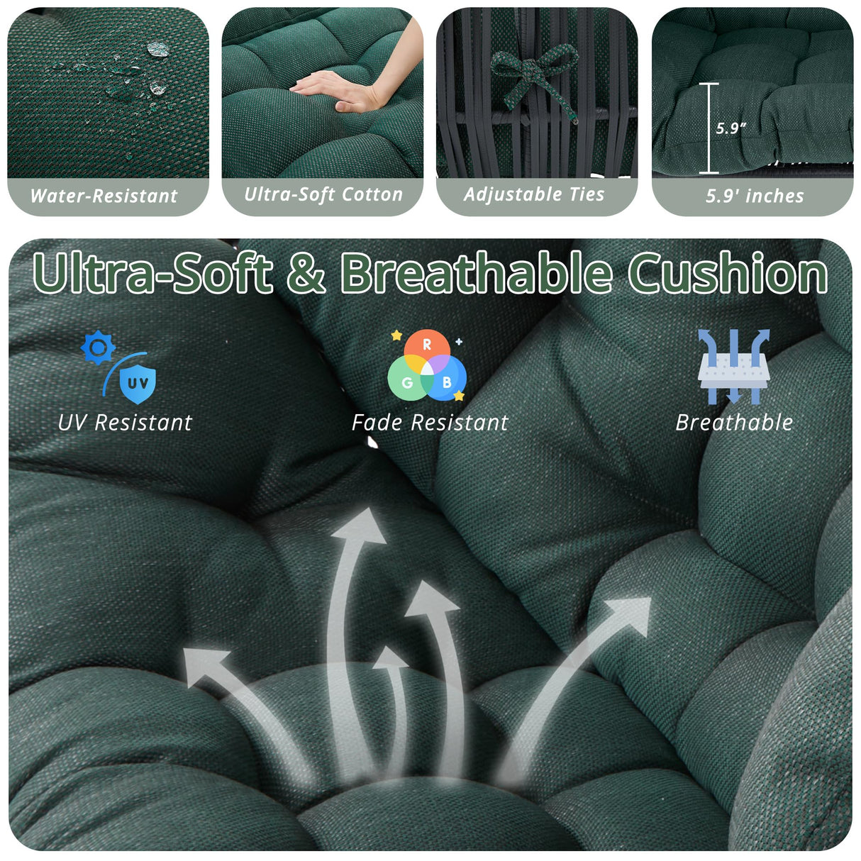 IRONCK Double Egg Chair Outdoor, 2 Person Wicker Lounge Chair, Oversized Thickened Padded Cushions and Headrests, 680 Lbs Egg Loveseat for Indoor, Patio, Living Room, Porch, Balcony, Dark Green IRONCK