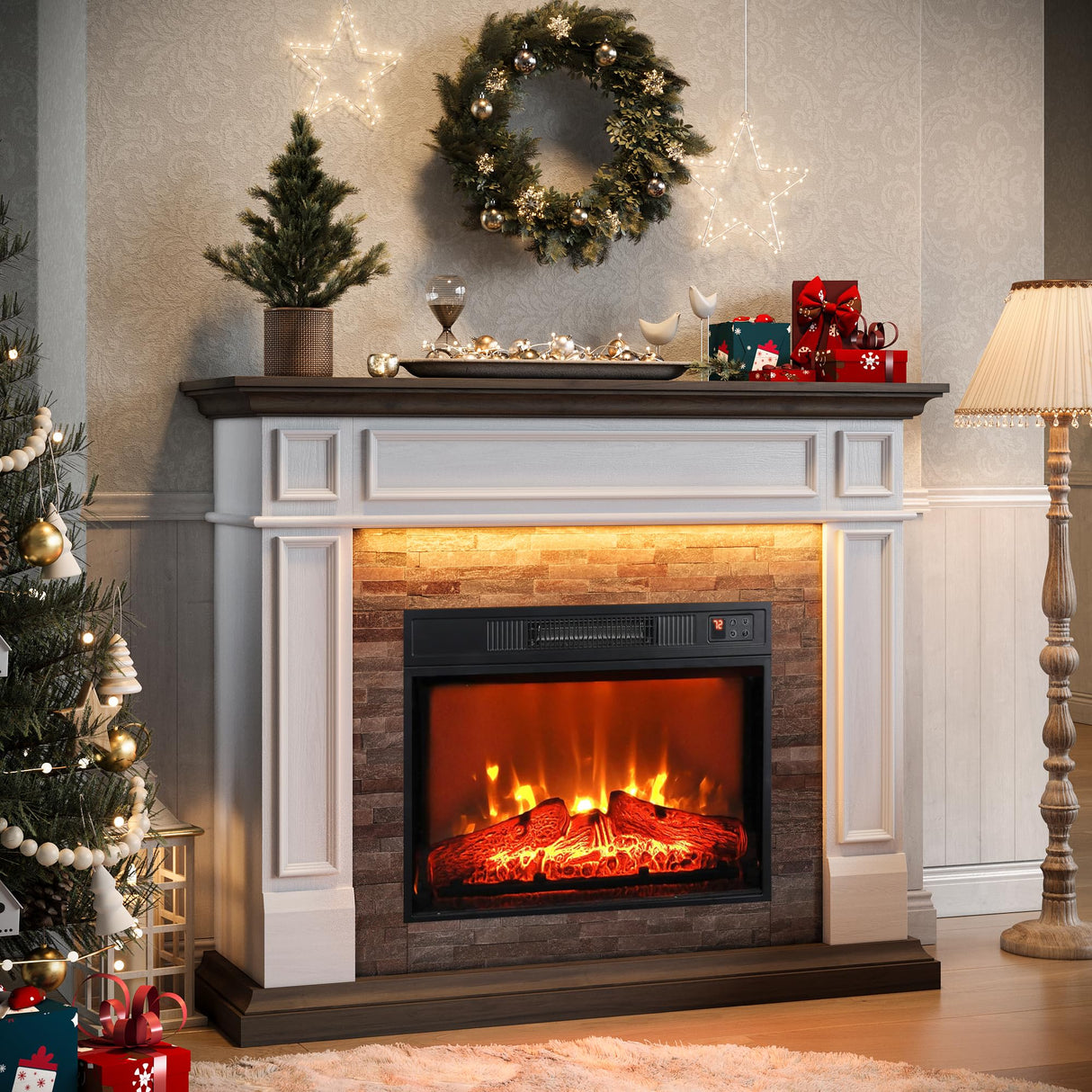 44" Electric Fireplace Mantel, LED Farmhouse TV Stand with Electric Fireplace Heater, Stacked Stone Surround and Remote Control 3D Realistic Flame, White Fireplace for Living Room Bedroom Naice