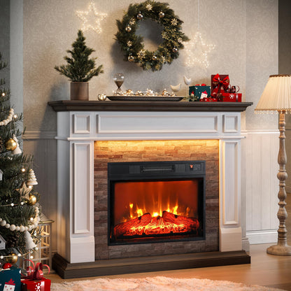 44" Electric Fireplace Mantel, LED Farmhouse TV Stand with Electric Fireplace Heater, Stacked Stone Surround and Remote Control 3D Realistic Flame, White Fireplace for Living Room Bedroom