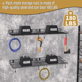 4 Pack Garage Wall Shelf, Garage Wall Mounted Shelving, Heavy Duty Floating Shelves With 8 Hooks, Loads 180 LBS Black Wall Shelves Mesh Storage Rack for Office, Basement, Wall Cabinet and Kitchen Riciakik