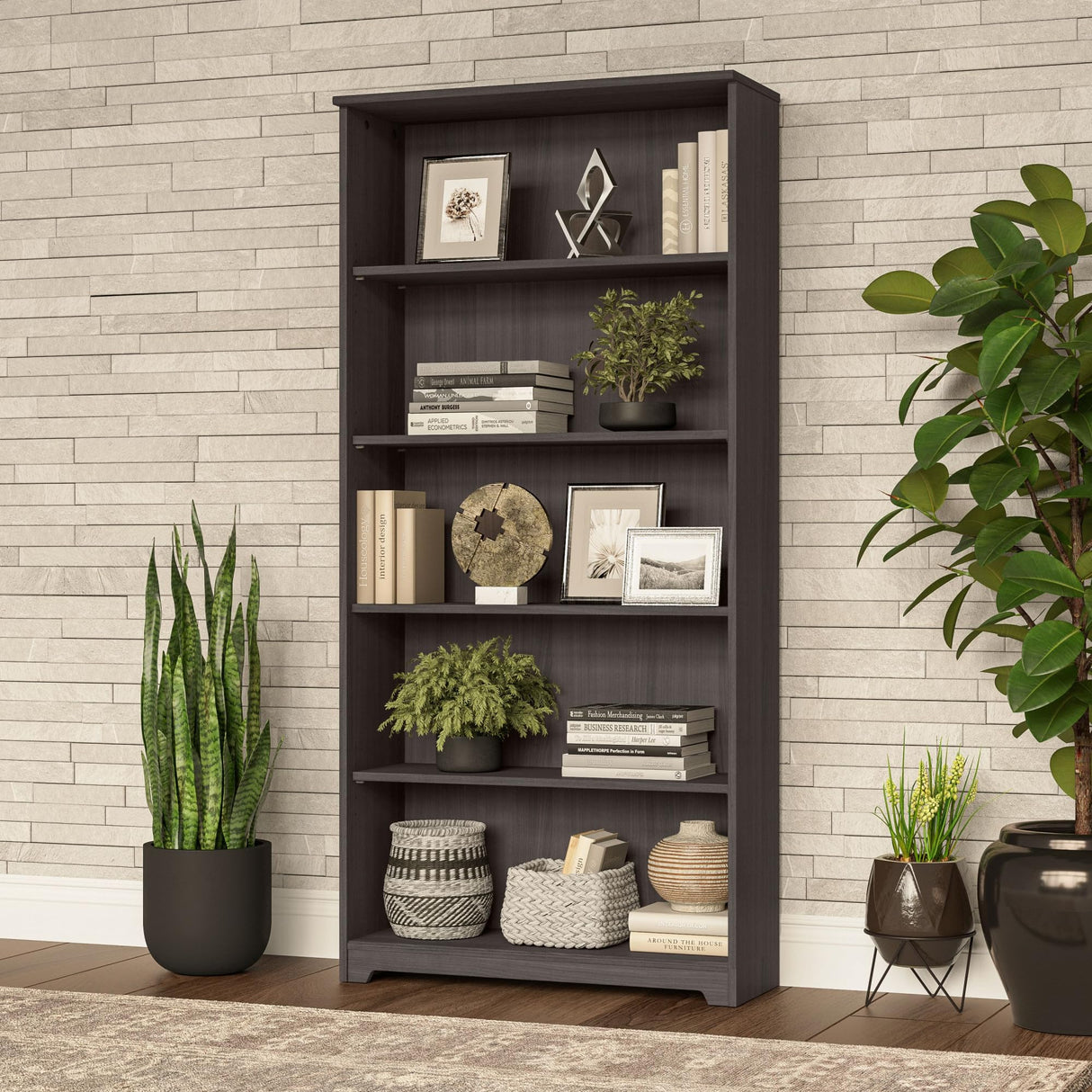 Bush Furniture Cabot Tall 5 Shelf Bookcase | Large Open Bookshelf in Heather Gray | Sturdy Display Cabinet for Library, Living Room, and Home Office Bush Furniture