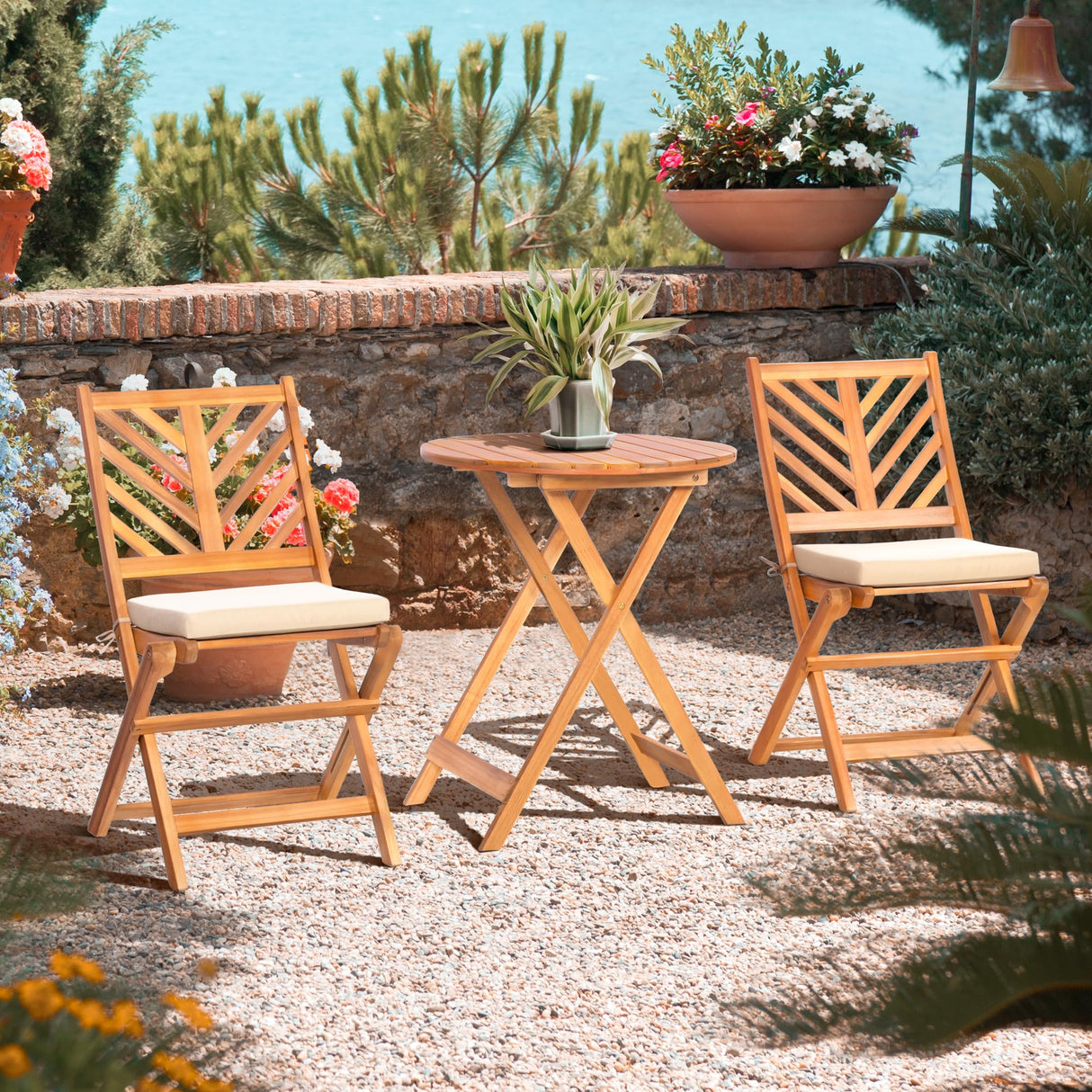 Werph 3-Piece Acacia Wood Patio Set, Foldable Bistro Table and Chairs Set of 2,Small Patio Furniture Set with Cushions,Folding Balcony Chairs Table Set for Apartment, Balcony, Deck or Porch Werph