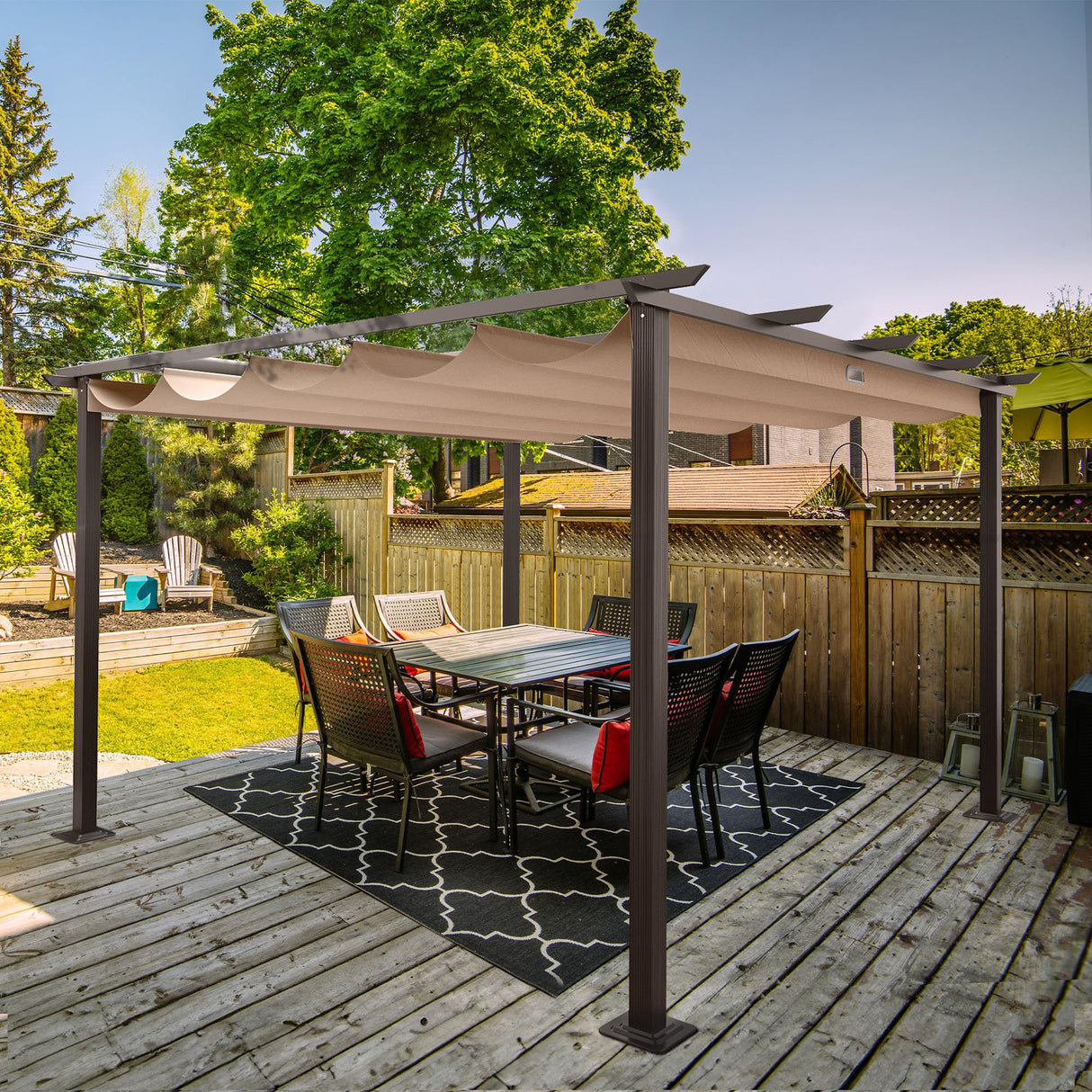 HAPPATIO 12' X 12' Pergola Retractable Pergola Canopy for Backyards, Gardens, Patios, Outdoor Pergola with Sun Shade Canopy, includes Ground Studs and Expansion Screws (Brown) HAPPATIO