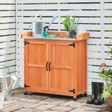 Topeakmart Potting Bench Table - Wooden Storage Cabinet with Removable Shelf & Flexible Space & Metal-plated Tabletop for Outdoor Garden Patio,Brown Topeakmart