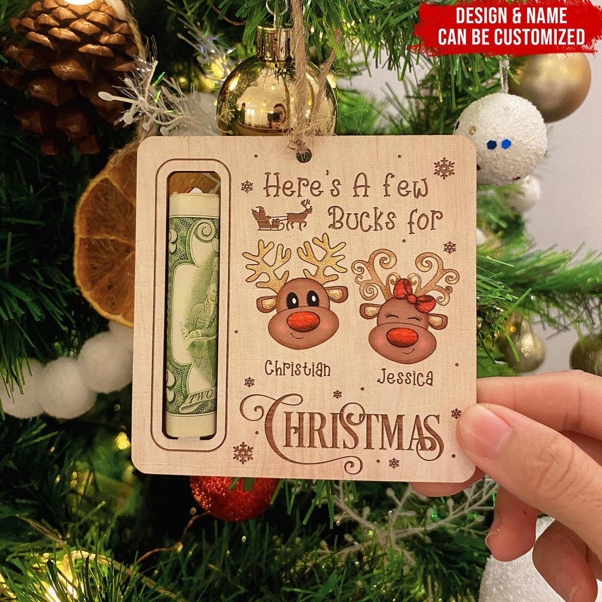CustomizeAF Christmas Money Holder Ornaments for Gifting Cash - Personalized Christmas Wooden Money Holder, 2023 New Christmas Tree Ornaments, Few Bucks Money Holder Decoration Gifts (ORN159) Customizeaf