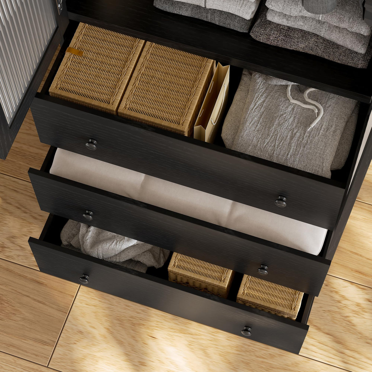 VOWNER 20“D Armoire Wardrobe Closet with Fluted Glass, 71" H Clothing Storage Cabinet with Hanging Rod, 4 Soft-Close Doors Wooden Wardrobe Cabinet for Bedroom, Large Capacity Storage Black(CCA) VOWNER