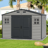 Duramax Woodside Plus 10 x 8 (8.02 m2) Plastic Garden Shed with 3 Fixed Windows & Metal Foundation Kit, Strong Metal Roof Structure Fire Retardant and Maintenance-Free Storage Shed - Dark Grey/Adobe DURAMAX