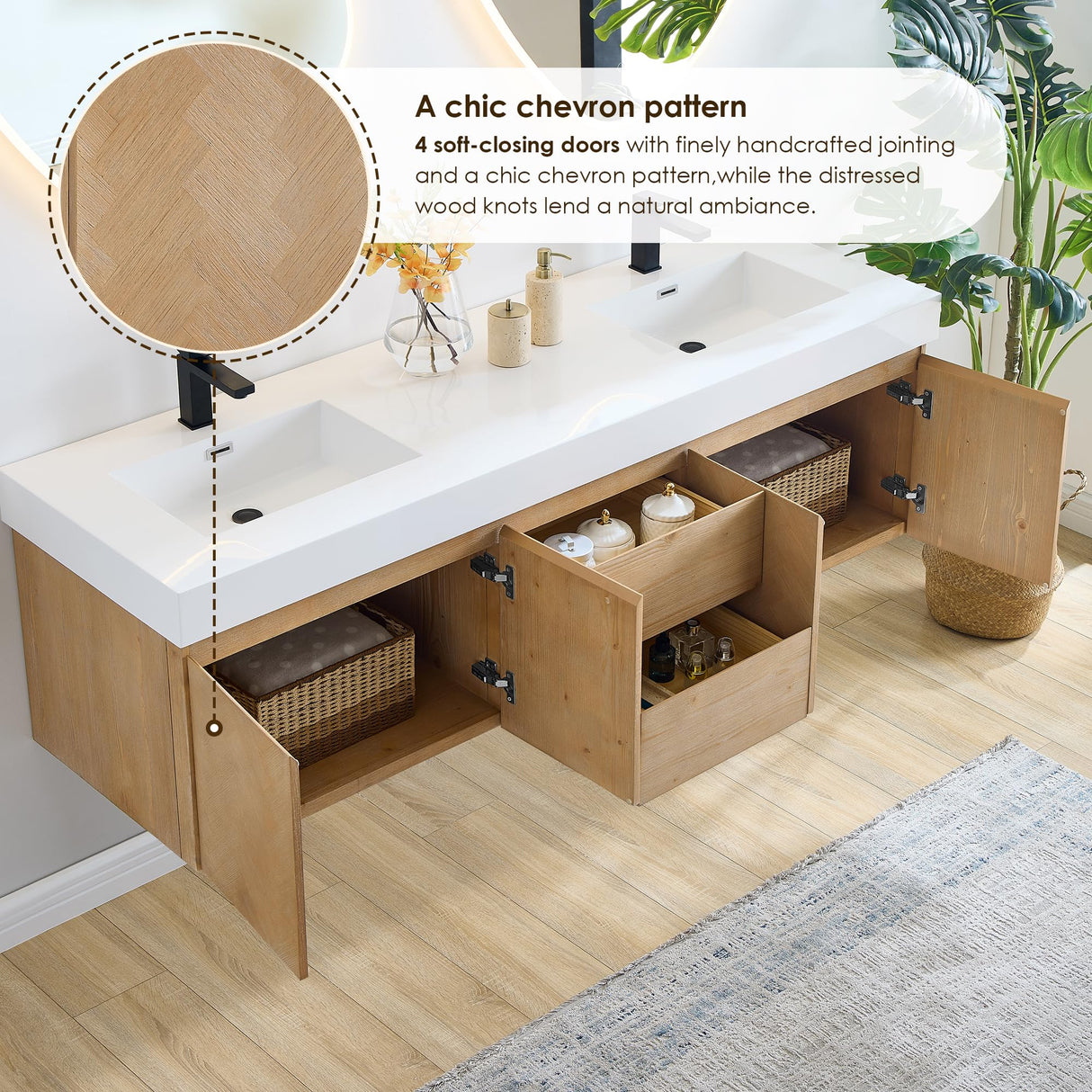 72 Inch Floating Sink Bathroom Vanity Wall Mount Double Vanities Overflow Mordern Large Storge Cabinet with Ceramic Countertop Double Soft Closing Drawers Pre-Assembled ALTAIR