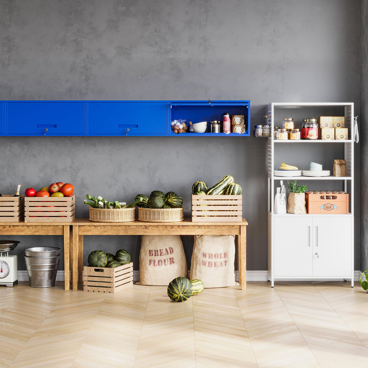 MIIIKO Wall Cabinet with 1 Door, Wall Mounted Garage Tool Cabinets, Blue Locking Small Metal Floating Cabinet for Garage, Home Office, Kitchen and Pantry MIIIKO