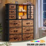 EnHomee Tall Dresser for Bedroom with 12 Drawer Dressers & Chests of Drawers for Closet with Power Outlets & LED Lights Large Dresser Organizer for Bedroom with Mesh Door, Rustic Brown EnHomee