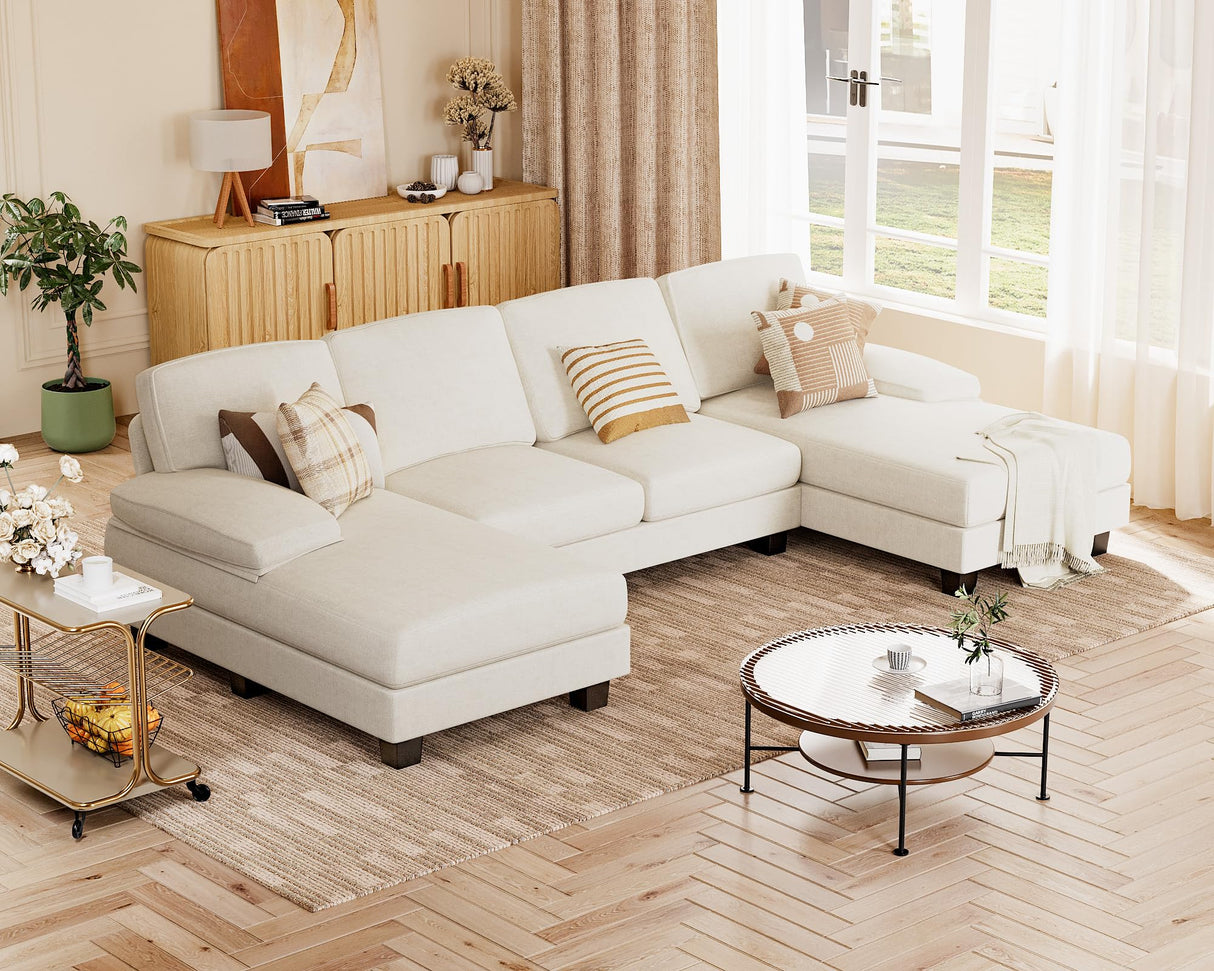 JUMMICO Sectional Couches for Living Room, U Shaped Couch with Chenille Fabric, 4 Seat Modern Sofa with Removable Pillows for Apartment and Small Space (Fabric, White) JUMMICO