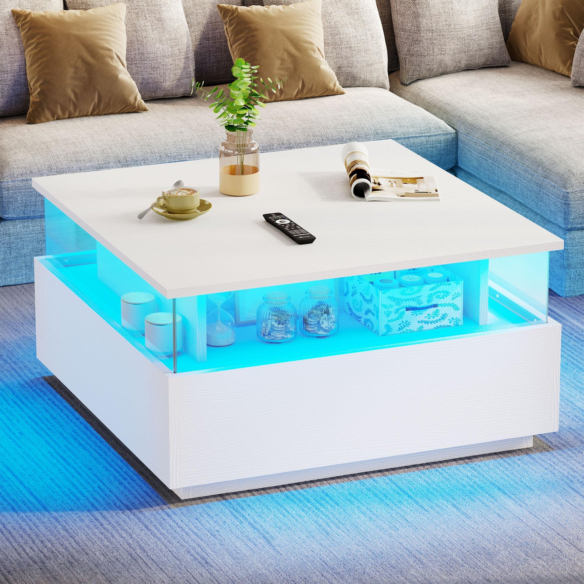 YITAHOME Coffee Tables for Living Room, Coffee Table with Storage, Square Coffee Table, Acrylic Coffee Table LED Coffee Table with 2 Sliding Drawers, Wood Center Table, White - WoodArtSupply