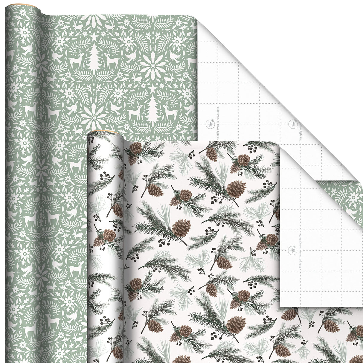 Hallmark Recyclable Neutral Christmas Wrapping Paper (4 Rolls: 100 Sq. Ft. Ttl) White and Sage Green Evergreen Pinecones, Rustic Snowmen, Plaid, Nordic Deer and Foliage Hallmark