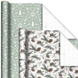 Hallmark Recyclable Neutral Christmas Wrapping Paper (4 Rolls: 100 Sq. Ft. Ttl) White and Sage Green Evergreen Pinecones, Rustic Snowmen, Plaid, Nordic Deer and Foliage Hallmark