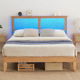 Deluxe Solid Wood Full Bed Frame with Rattan Headboard and LED Lights by GAOMON GAOMON