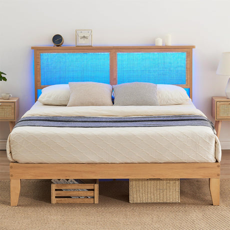 Deluxe Solid Wood Full Bed Frame with Rattan Headboard and LED Lights by GAOMON GAOMON