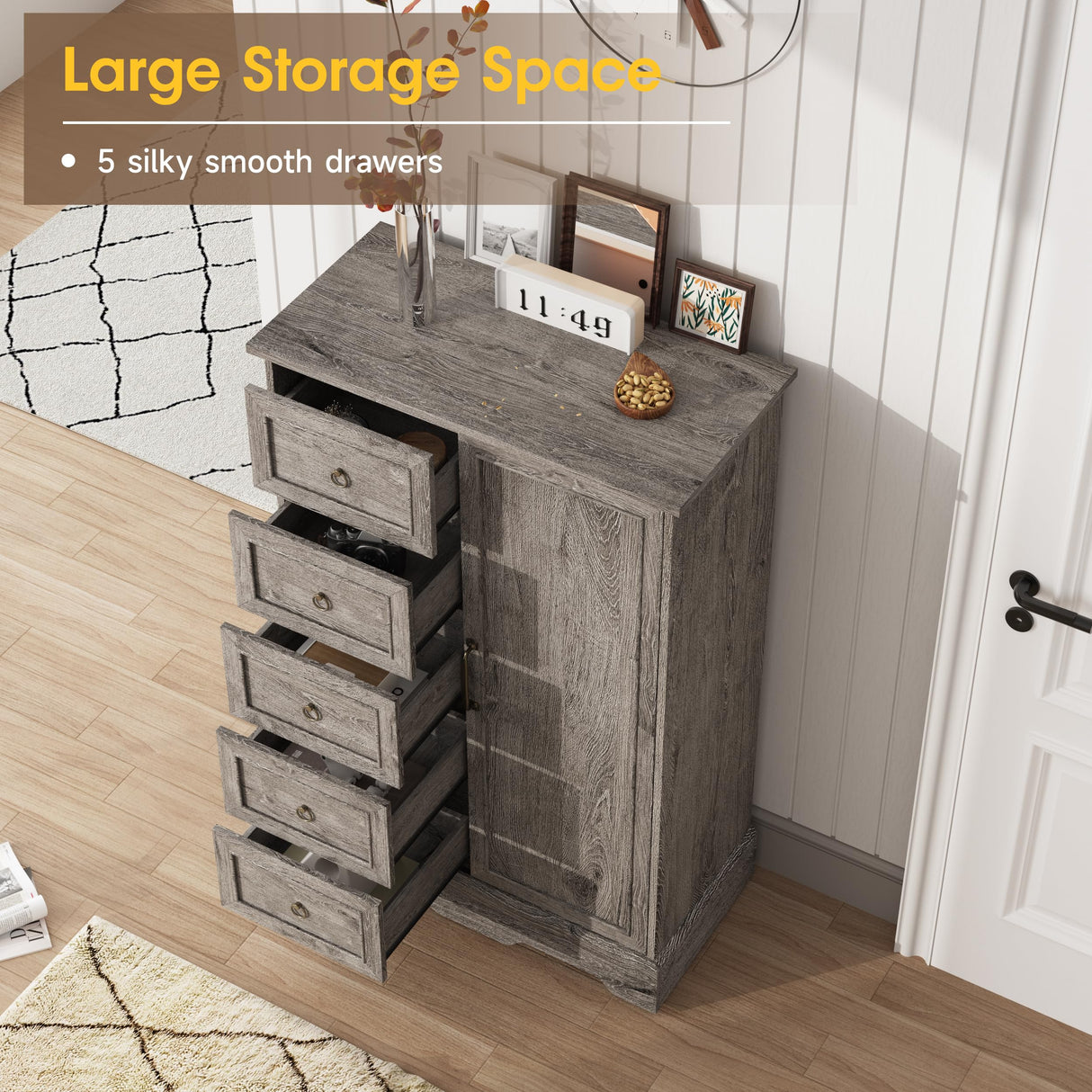 Vabches Farmhouse Dresser Storage Cabinet Chest of Drawer for Bedroom, 5 Drawer Dresser with Sliding Barn Door, 48" Tall Wood Rustic Dresser for Bedroom, Living Room, Entryway, Hallway, Washed Grey Vabches