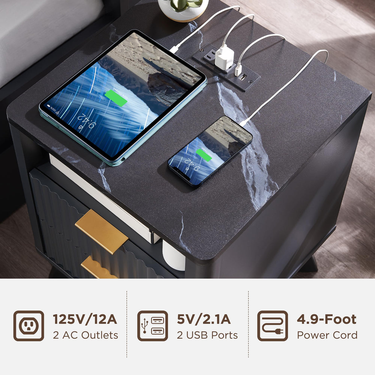 T4TREAM Fluted Nightstand with Charging Station, 18" Modern SideTable with Faux Marble Top, 2 Drawers End Table w/Storage, Bedside Table for Bedroom, Living Room, Curved Profile Design, Dark Grey T4TREAM