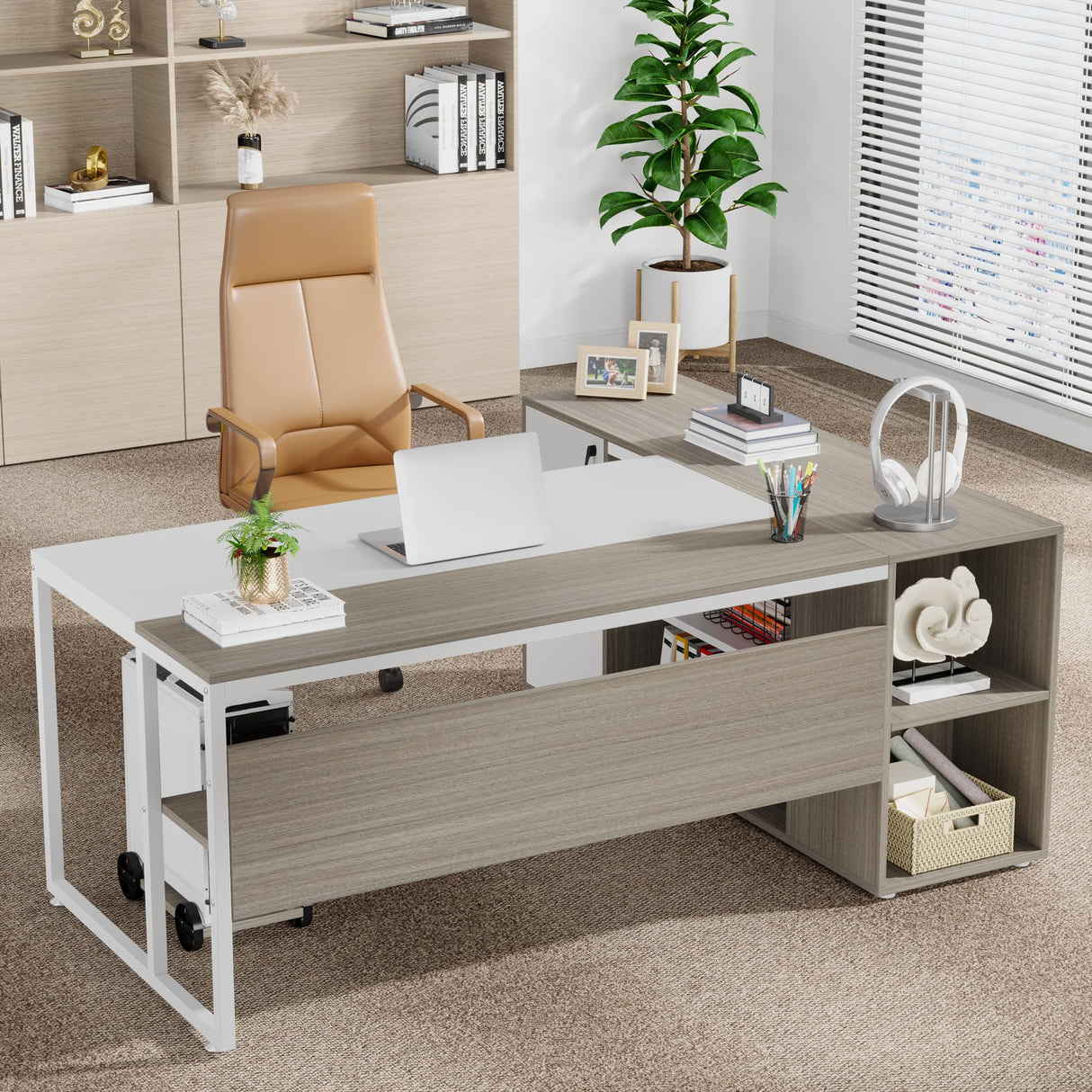 Tribesigns 71 inch Executive Desk, L Shaped Desk with Cabinet Storage, Executive Office Desk with Shelves, Business Furniture Set Workstation for Home Office, Gray and White Tribesigns