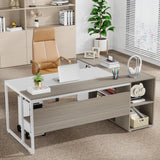 Tribesigns 71 inch Executive Desk, L Shaped Desk with Cabinet Storage, Executive Office Desk with Shelves, Business Furniture Set Workstation for Home Office, Gray and White Tribesigns