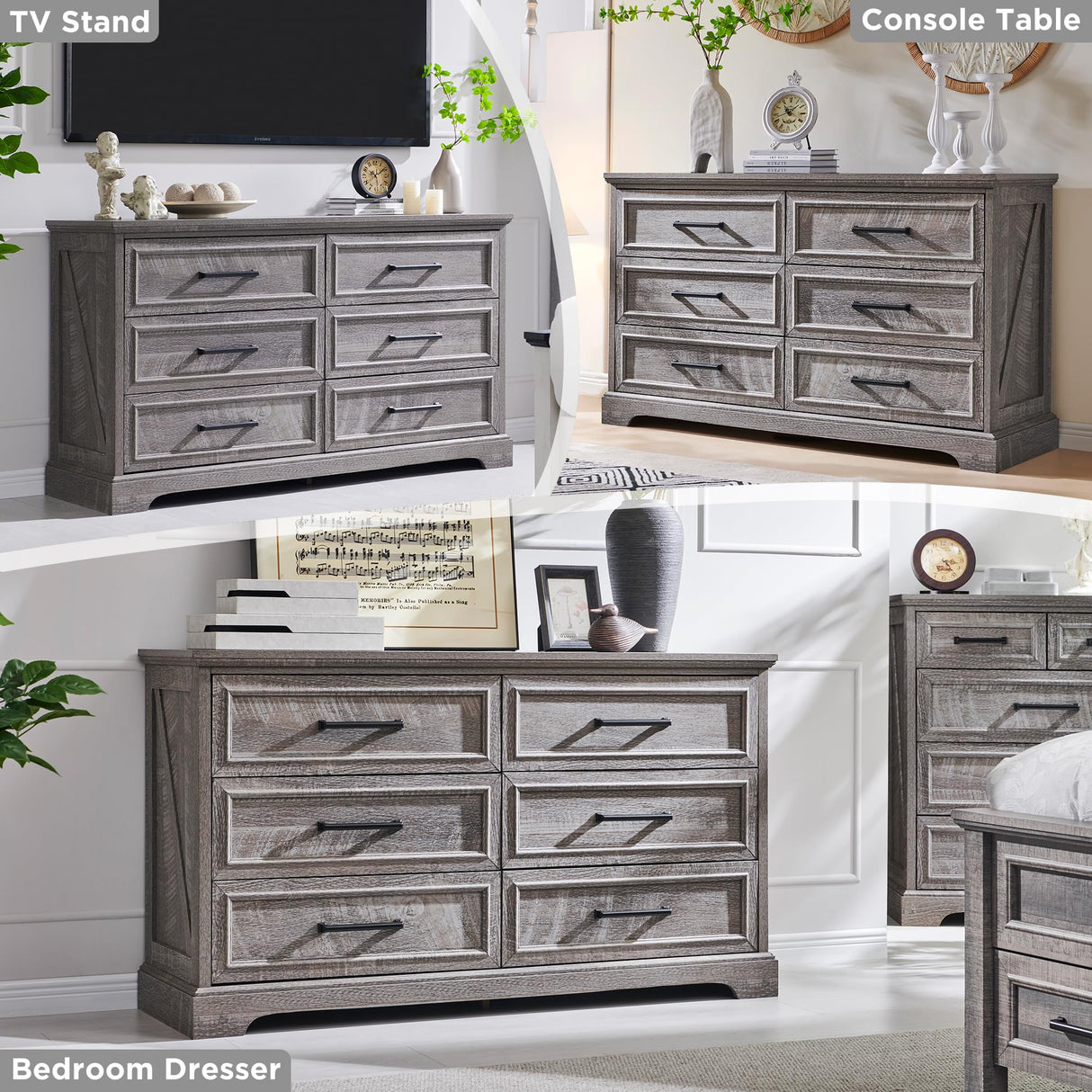 ACCOHOHO Farmhouse 6 Drawer Dresser for Bedroom, 52 Inch Wide Modern Dresser TV Stand with Large Drawers & Bar Handles, Rustic Wood Dresser Chest of Drawers for Bedroom, Living Room, Hallway, Grey ACCOHOHO