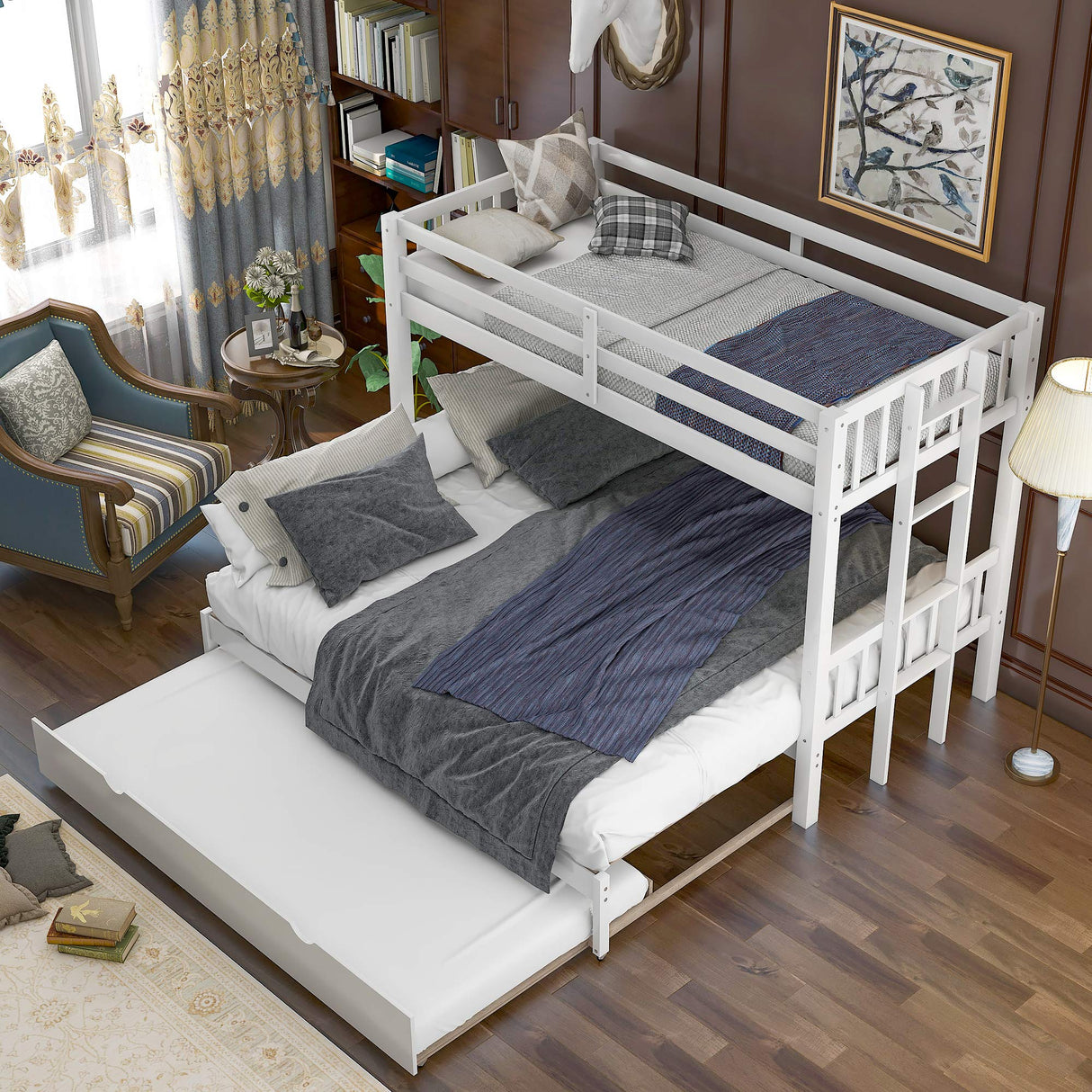 EMKK Twin Over Pull-Out Bunk Bed with Trundle - Space-Saving Wooden Bed for 4, White EMKK