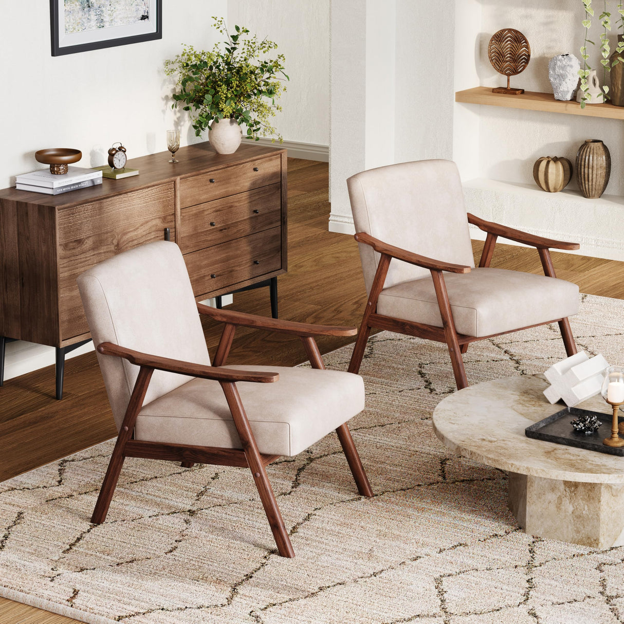 COCONINO WJ Mid Century Accent Chair, Boho Farmhouse Accent Chairs for Living Room, Retro Single Lounge Reading Armchair with Solid Wood Frame (Polyester Fabric in Light Camel) COCONINO WJ