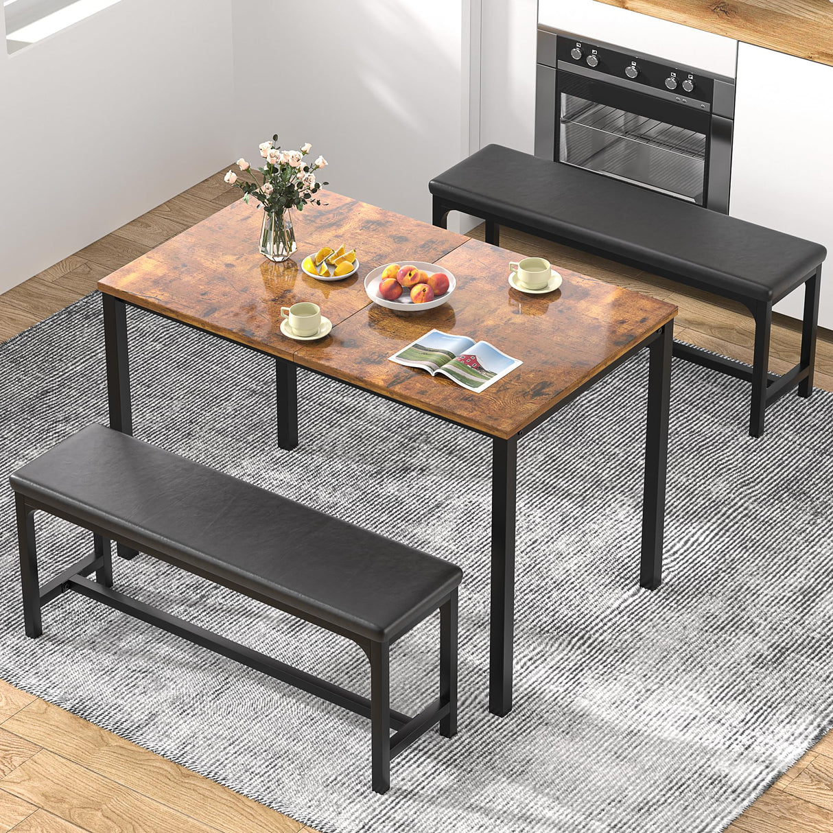 VECELO 3-Piece 63" Extendable Kitchen Table with Benches/Chairs Modern Breakfast Dinette/Dining Room Set for 4/6/2, Small Space Saving Design, Easy Assembly, Retro VECELO