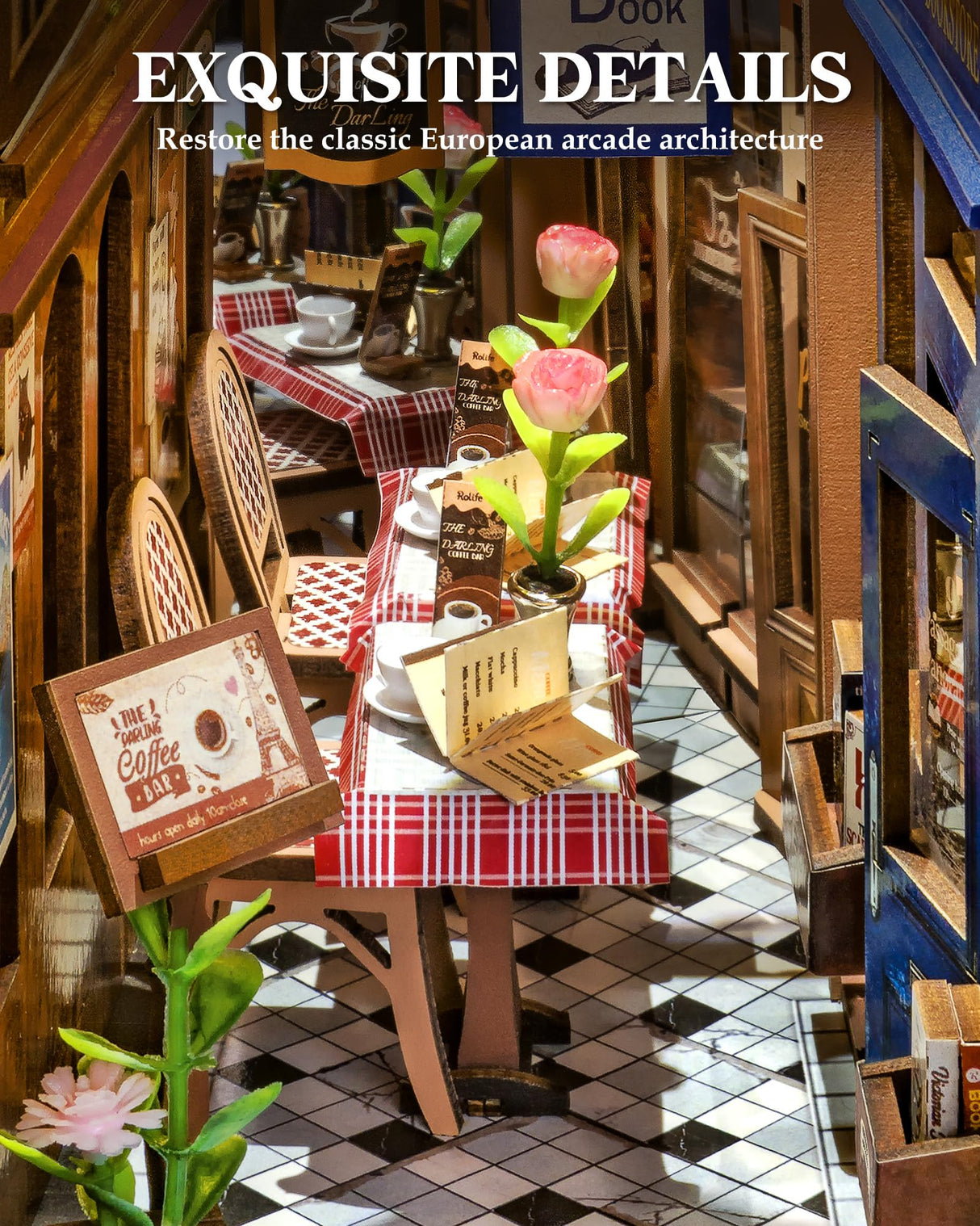 ROBOTIME DIY Book Nook Kits Dollhouse Room Bookstore Miniature House with LED Light 3D Wooden Puzzles for Adults Booknook Bookshelf Insert Decor Diorama Kit Unique Gifts（Arcade Dating） ROBOTIME