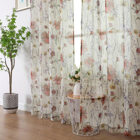 OWENIE Crushed Semi Sheer Curtains 72 Inches Length 2 Panels, Floral Pattern Design Rod Pocket Light Filtering Farmhouse Curtains for Bedroom Living Room, 2 Pieces Total 84 Inch Wide, 72 inch Long OWENIE