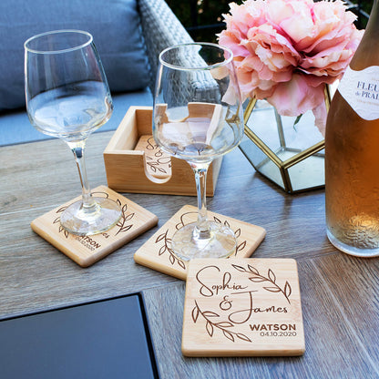 Personalized Coasters for Drinks, Set of 4, Laser Engraved Wedding Wooden Coaster w Holder | 14 Customizable Designs | - House Warming Presents for - WoodArtSupply