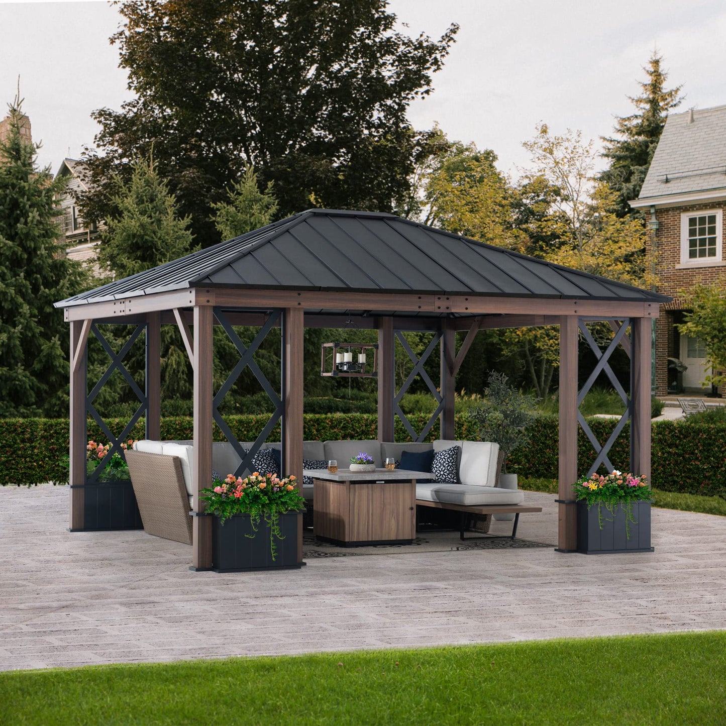 Sunjoy 13 ft. x 15 ft. Hardtop Gazebo, Outdoor Black Steel Roof Gazebo Aluminum Framed Gazebo with Planters and Ceiling Hook for Patio, Garden, and Backyard Activities by SummerCove - WoodArtSupply