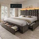 YITAHOME King Size Bed Frame with 3 Storage Drawers and RGB LED Lights, Velvet Upholstered Bed with Charging Station and Storage Headboard, No Box Spring Needed, Easy Assembly, Noise-Free, Grey YITAHOME