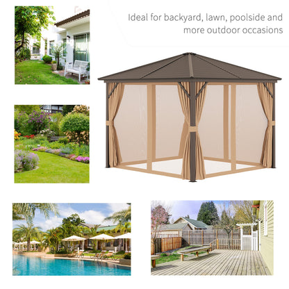 Outsunny 10' x 10' Hardtop Gazebo with Curtains and Netting, Permanent Pavilion Metal Single Roof Gazebo Canopy with Aluminum Frame and Hooks, for Garden, Patio, Backyard, Light Brown - WoodArtSupply