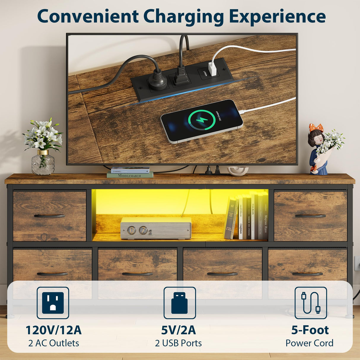 Lulive TV Stand for Bedroom, LED Rustic Brown Dresser for Living Room with 6 Fabric Drawers, 43 55in TV Stand with Power Outlet, Entertainment Center with Open Shelf Lulive