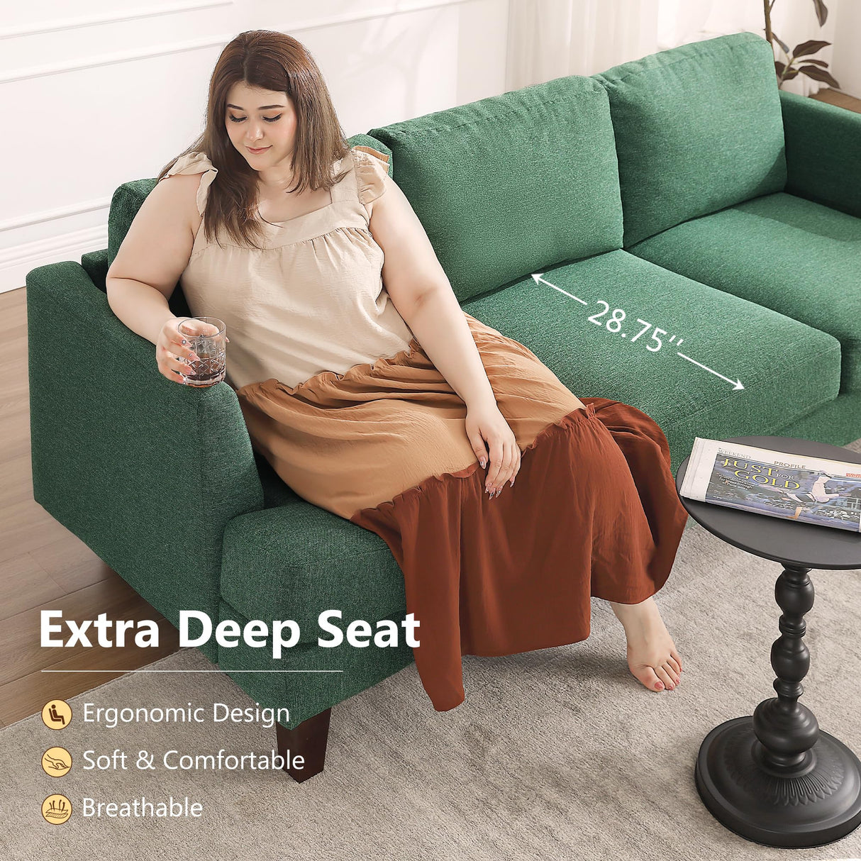 Busaurus 3 Seater Sofa Couch with Deep Seats, 89" Mid Century Modern Upholstered Sofa with Armrests, Comfy Couches for Living Room, Bedroom, Apartment and Office (Green) Busaurus