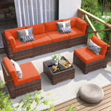 Poteban Patio Furniture Set, 7 Pieces Outdoor Modular Conversation Set Wicker Sectional Sofa for All Weather Rattan Patio Couch for Porch Garden Backyard Balcony Poolside (Orange) Poteban
