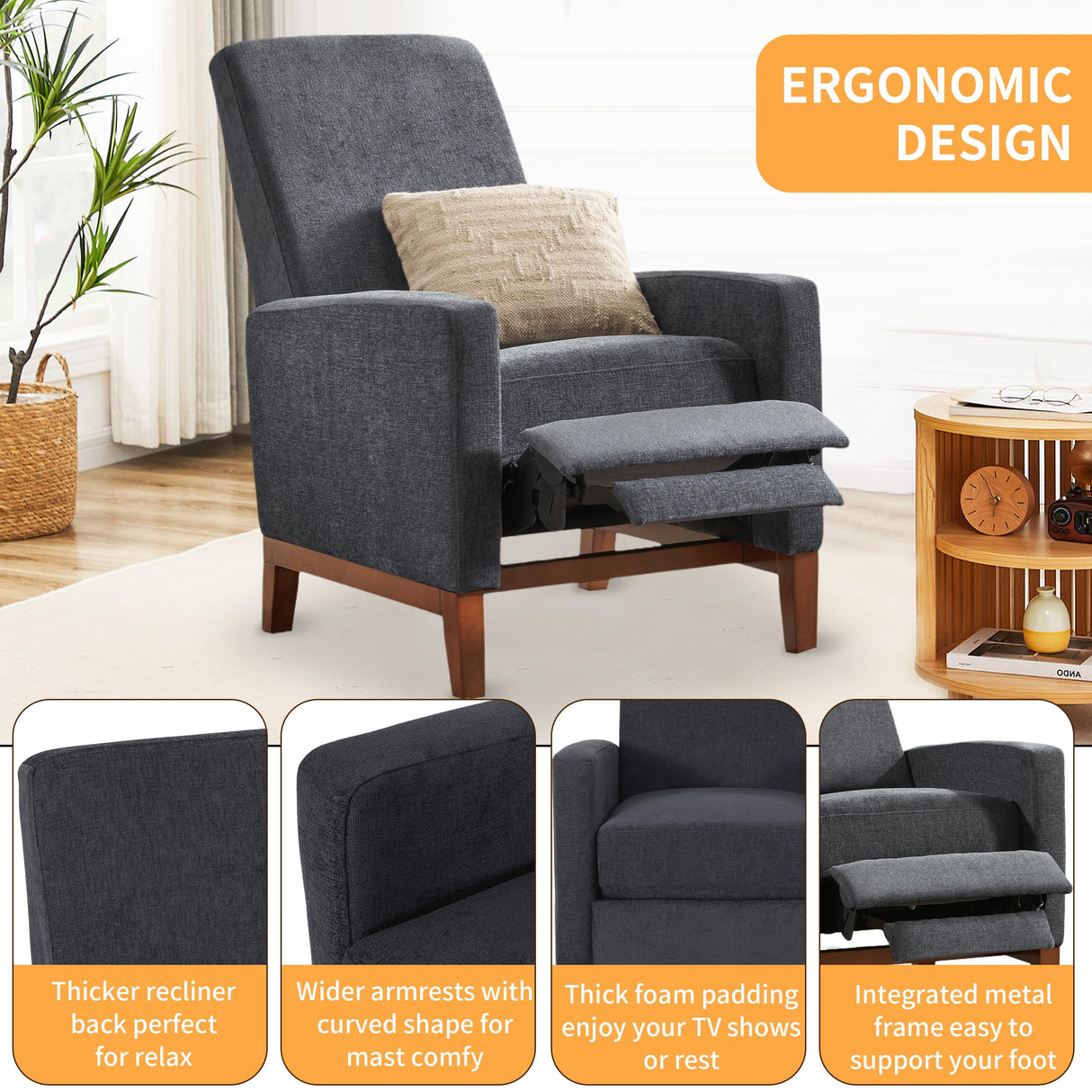 QKFF Push Back Recliner Chair, Adjustable Modern Reclining Chair with Solid Wood Legs Thick Seat Cushion and Backrest Small Recliners for Small Spaces Living Room QKFF