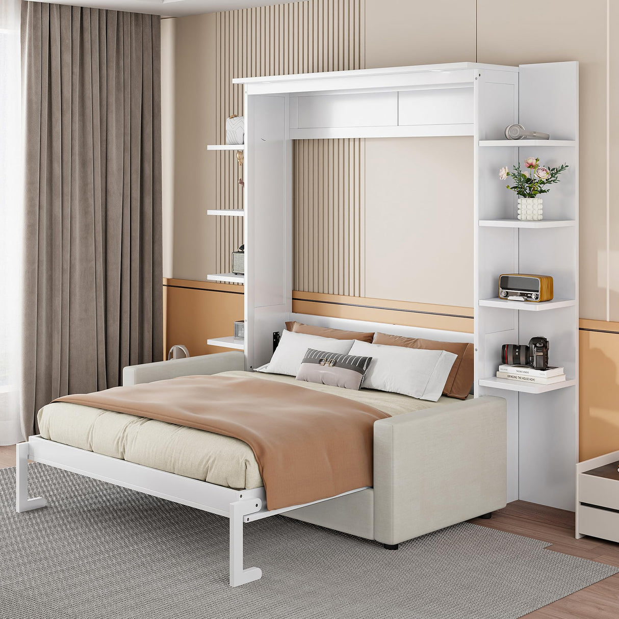 Polibi Queen Size Murphy Bed - Multi-Functional Wall Bed with Sofa Cushion, Folds into Cabinet, Ideal for Guest Room/Home Office/Gym, White Polibi