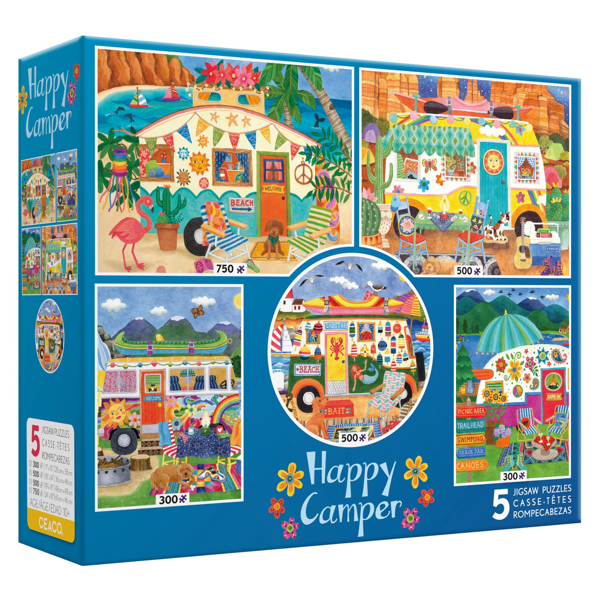 Ceaco - 5 in 1 Multipack - Happy Camper - (2) 300 Piece, (2) 500 Piece, (1) 750 Piece Jigsaw Puzzles Ceaco