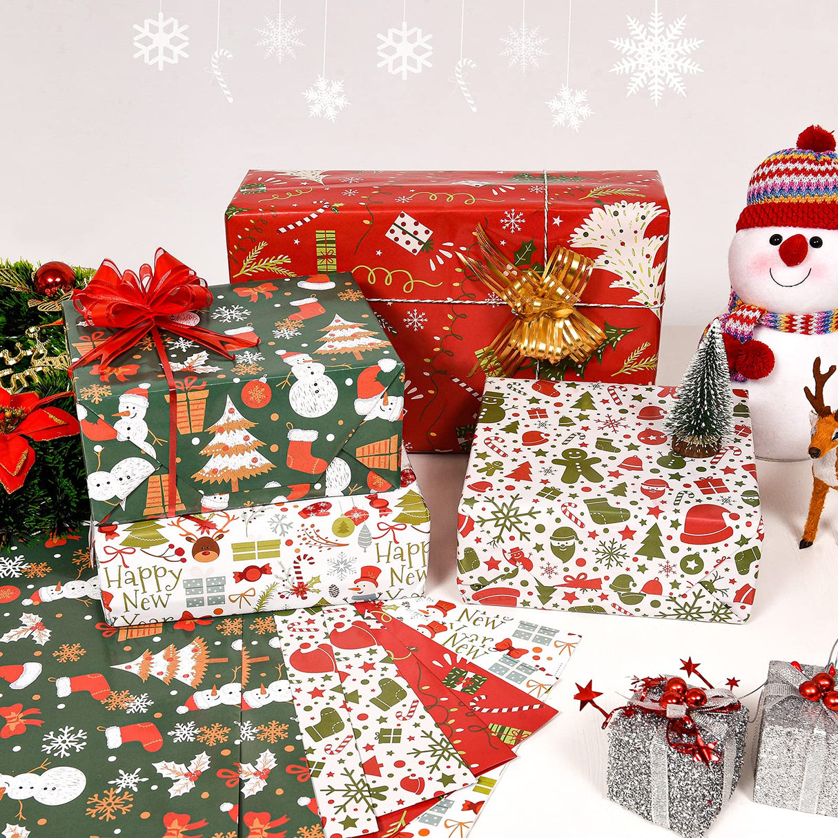 PlandRichW Christmas Wrapping Paper Folded for Kids Boys Girls Man Women Gift's. Papercraft Snowmen, Candy Canes, Tree, Socks, Snowflakes, Happy New Year Bulk of 12 Sheets 20"x 29" Folded PlandRichW
