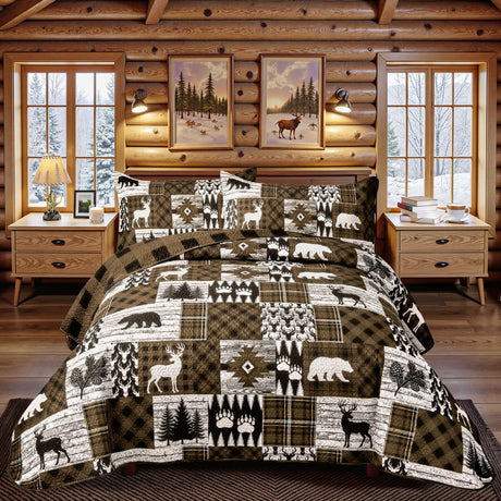 3 Piece Cabin King Size Quilt Sets Farmhouse Rustic Reversible Microfiber Soft Lightweight Bedspread Comforter with 2 Shams Patchwork Country Lodge Bedding Quilts Set for All Season, 106''x96'', Brown Tritard