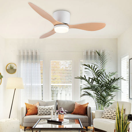 GESUM Ceiling Fan with Light, 42" Flush Mount Ceiling Fan Light with 3 Colors, 6 Speeds, Timing,Low Profile Ceiling Fan with Remote Control 3 Blades for Bedroom Dining Room (White Wood) GESUM